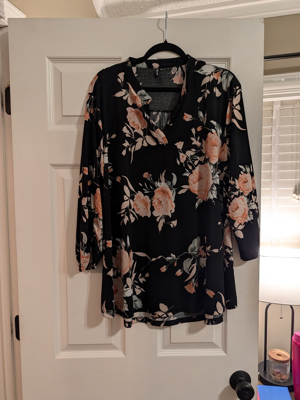 Black Floral V-Neck Tunic with Blush Rose Print